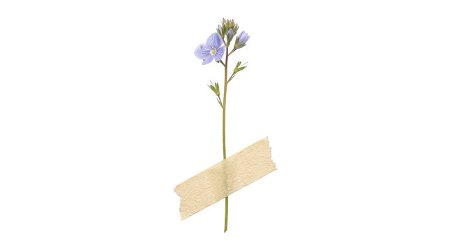 Single sprig of blue veronica wildflower held with masking tape on png background