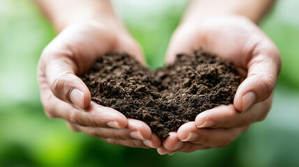 Obraz premium Cupped hands presenting rich fertile soil in a heart shape against a blurred green background.