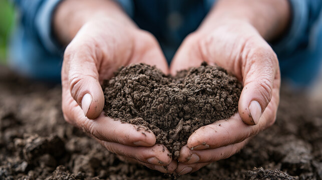 Farmer holding a heart-shaped mound of rich dark soil in cupped hands outdoors.