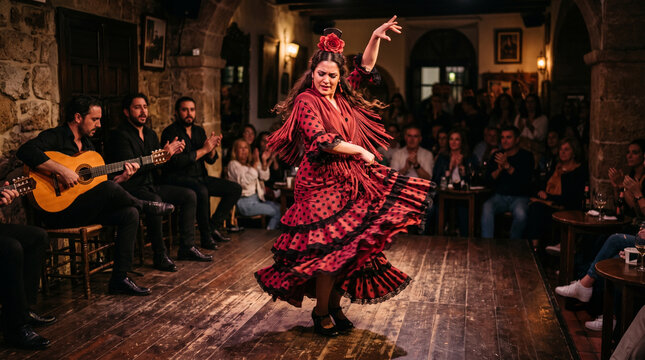 Passionate Spanish flamenco dancer in a red polka dot dress performing on stage with musicians and audience in a tavern.