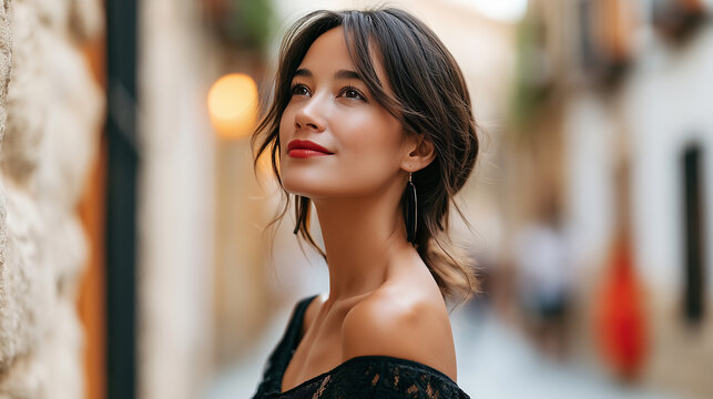 Elegant young Spanish woman looking up outdoors on a sunny Mediterranean street.