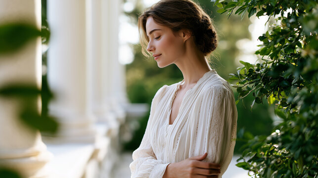 Serene side profile portrait of an elegant young woman in a white blouse, standing by classical white columns outdoors.
