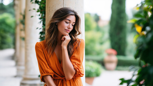 Thoughtful young brunette woman in orange summer dress leaning against a classical pillar in a sunny garden.