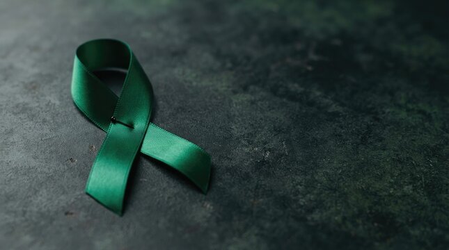 A green awareness ribbon placed on a dark textured background representing support and advocacy for world mental health day and psychological well being awareness campaigns