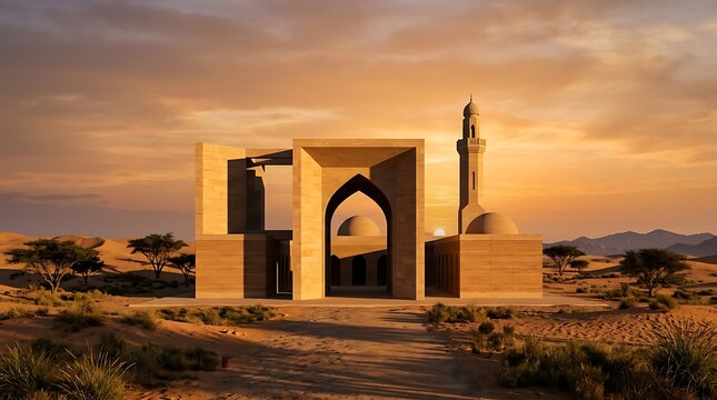 Modern architectural mosque in the desert at sunset