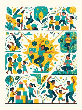 Diverse people engaging in wellness activities and family playtime