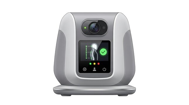 Smart posture analysis device on desk. AI health monitor checking spinal alignment.