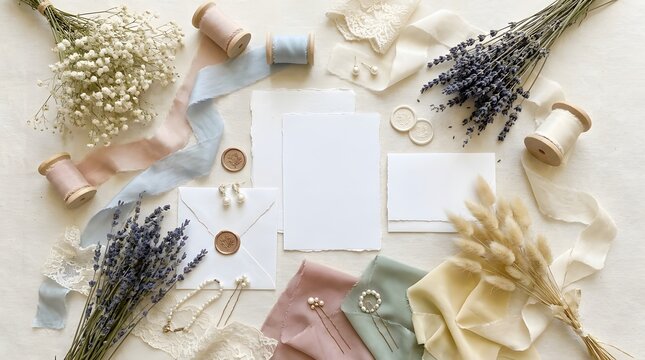 Wedding invitation suite flat lay mockup with blank cards, silk ribbons, dried flowers, and elegant pearl jewelry on a textured background.
