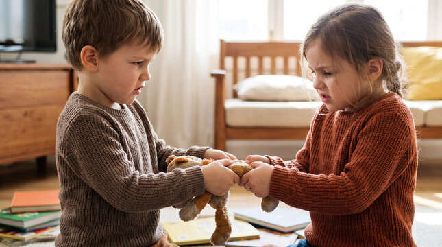 Two siblings arguing over a stuffed toy in a cozy living room  