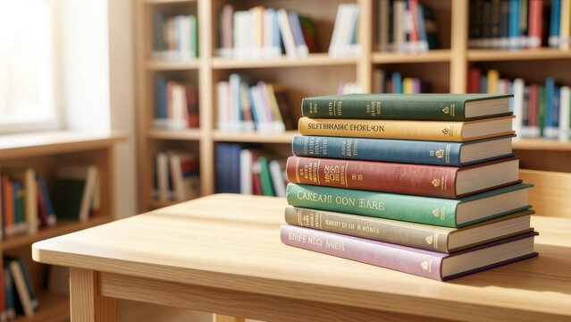 stack of diverse textbooks and notebooks on light oak table symbolizing learning and knowledge in academic setting with natural daylight