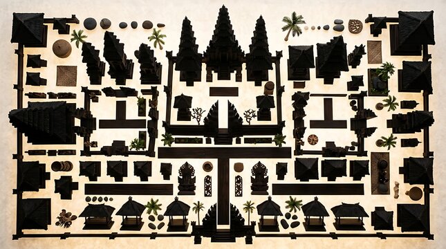 Top view of a traditional balinese temple complex silhouette