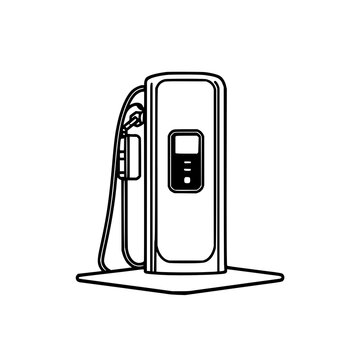 Electric vehicle charging station line art icon set with plug and cable featuring charging station, EV charger, and power outlet with black lines and minimalist design