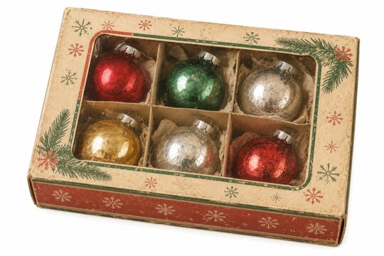 Assorted colorful Christmas tree ornaments in decorative gift box. Festive holiday baubles displayed in vintage wooden packaging for seasonal gifting.