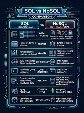 Sql vs nosql database comparison chart with neon technology icons