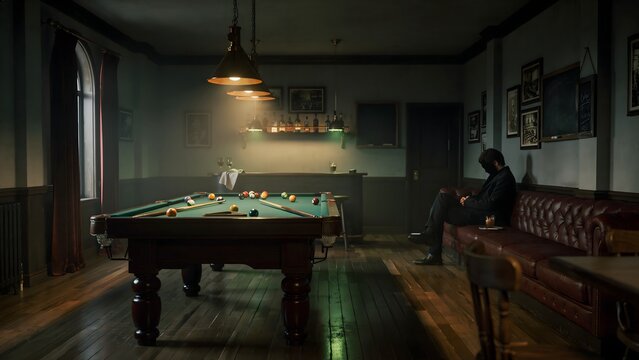 dimly lit vintage billiard room with man and woman sitting on sofa enjoying conversation