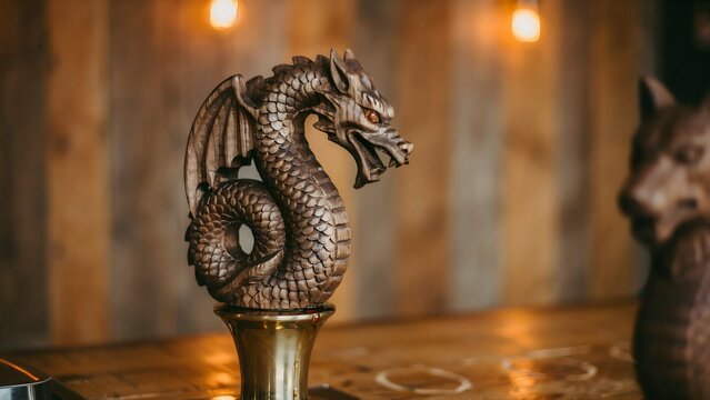 Artistic dragon sculpture with detailed scales and fierce expression in warm indoor setting