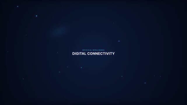 Abstract motion background displaying glowing artificial intelligence and digital connectivity text on a dark blue space environment with floating particles, eye-level shot, futuristic mood