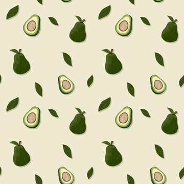 Seamless pattern featuring hand-drawn whole and sliced avocados with green leaves over a soft cream and sage green plaid background