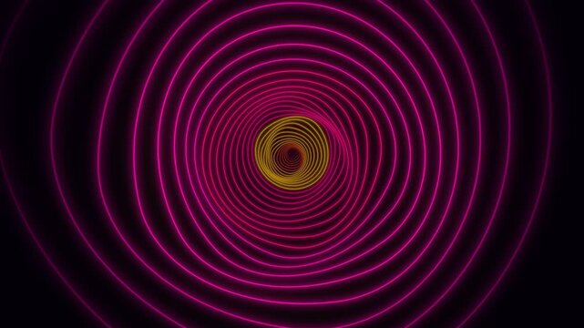 Hypnotic neon tunnel abstract loop featuring glowing pink and orange concentric lines spiraling into infinity on black background, creating trippy psychedelic VJ background for concert.