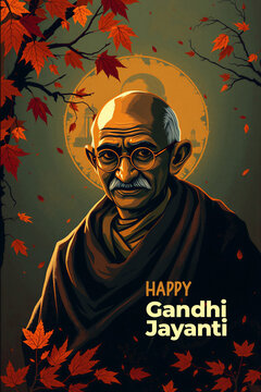 Gandhi Jayanti Celebration Poster with Mahatma Gandhi Portrait and Peaceful Tribute