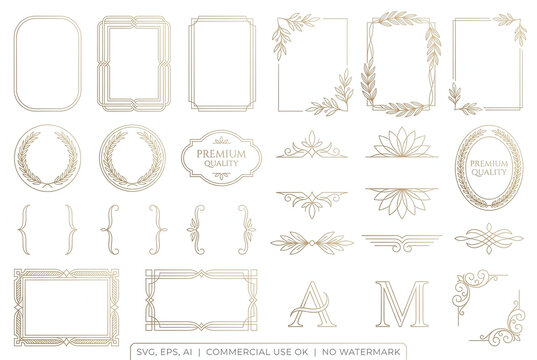 Luxury Minimal Gold Decorative Frame Collection Vector Set with Elegant Borders, Botanical Flourishes, Monogram Letters, Vintage Dividers and Ornamental Elements