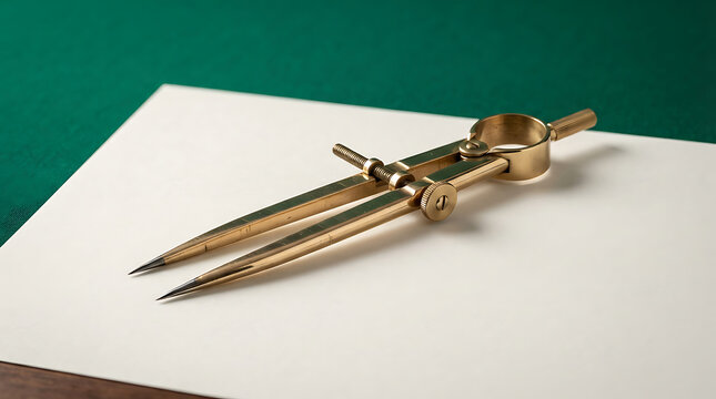 Vintage brass drafting compass tool lying on a clean sheet of paper on a dark green surface representing precision engineering architecture design and technical drawing equipment for school