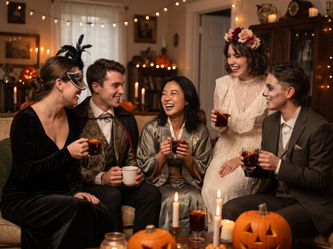 Friends in costumes having halloween party with drinks halloween celebration