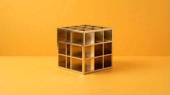 A shiny gold metallic cube structure with hollow grid compartments sitting on a smooth yellow surface representing luxury design modern architecture and geometric abstract art concepts