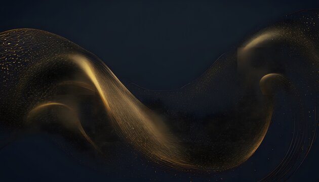 Glowing golden particle swarm on dark navy technology background