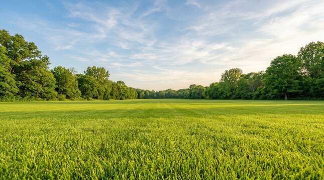 Clean and wellmaintained grass lawn background texture with various trees and a beautiful sky at an empty unpowered campsite in a park.