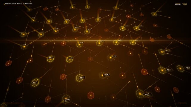 High angle 3D camera pan over glowing golden decentralized mesh network, displaying futuristic digital data nodes, connected HUD interface, and cyber security protocol in dark tech space.