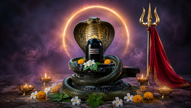 Divine nag panchami celebration featuring coiled cobra around flower adorned shiv lingam glowing eclipse trident red cloth and bright ceremonial oil lamps