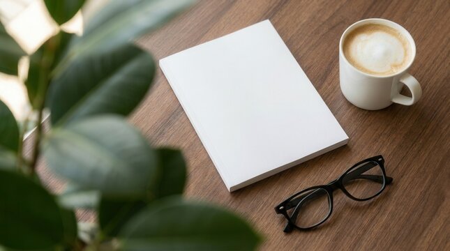 White soft cover book mockup on a brown wooden table with glasses and a coffee mug in a flat lay top down view