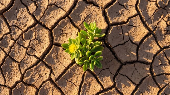 Resilient desert plant in cracked earth seeking to thrive
