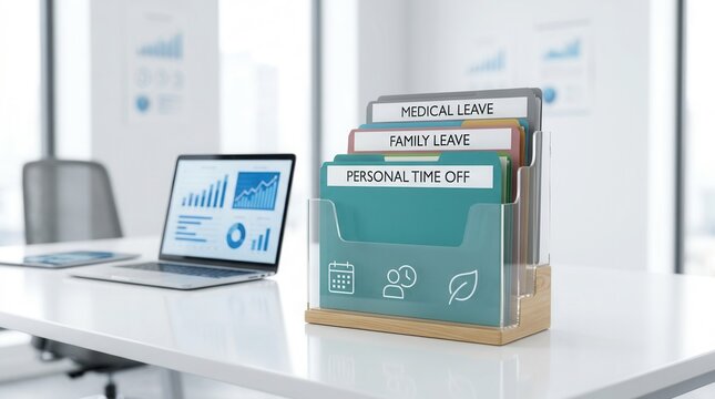 Office organization featuring a laptop and desk folders labeled Personal Time Off, Family Leave, and Medical Leave.
