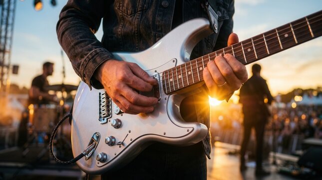 Guitarist performing on an outdoor stage during a sunset concert close up