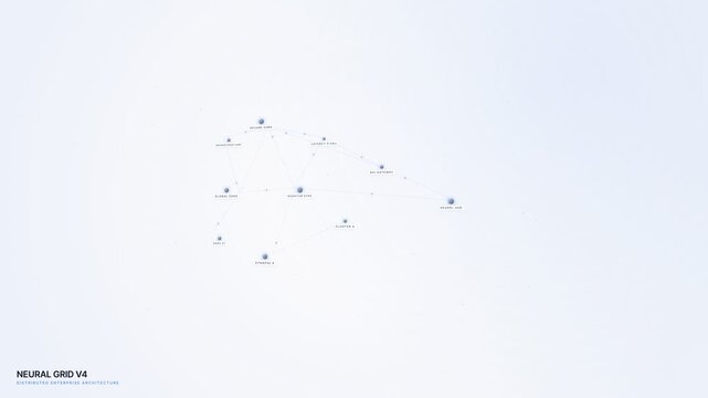 Minimalist digital abstract neural grid network animation featuring connected blue data nodes, enterprise cloud infrastructure, futuristic AI interface, modern high-tech network visualization.