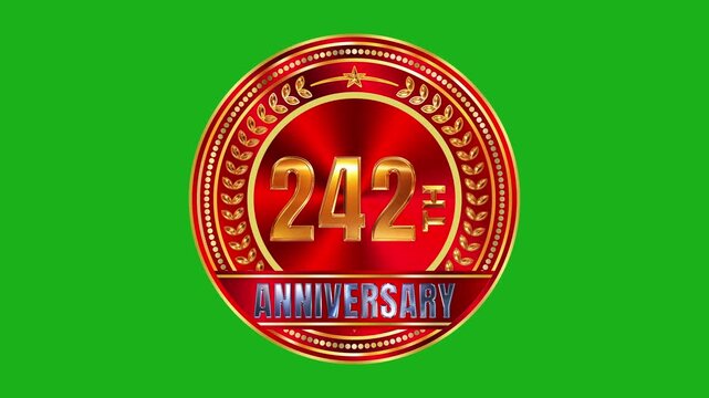 Historic 242nd Anniversary Gold and Metallic Red Circle Badge with Glossy Studio Lighting Effects Keyed Green Screen 4k video