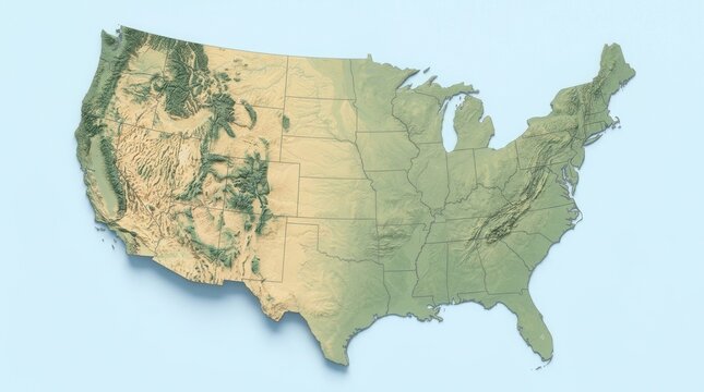 Topographical Features and Geographic Boundaries on a Detailed Elevation Map of the United States