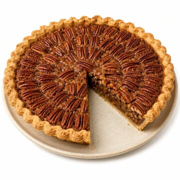 Freshly baked chocolate pecan pie slice on white plate. Homemade dessert with rich filling and nutty topping ready to serve.