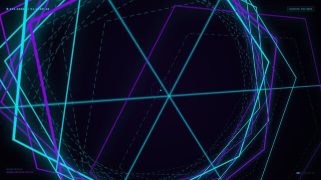Futuristic sci-fi neon HUD interface motion graphics featuring rotating glowing cyan and purple wireframe geometric lines in a dark digital space tunnel overlay creating high-tech cyberpunk vibe
