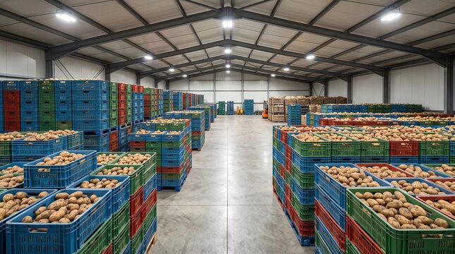 Large warehouse storing freshly harvested potatoes in crates