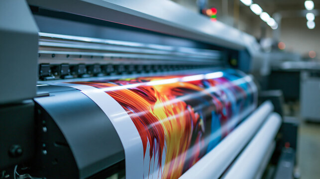 Industrial wide format printer printing colorful abstract art. Printing industry concept for signage and advertising.