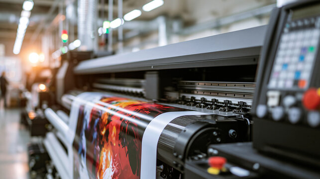 Industrial large format printer producing colorful vinyl banners. High-tech manufacturing concept for print industry.