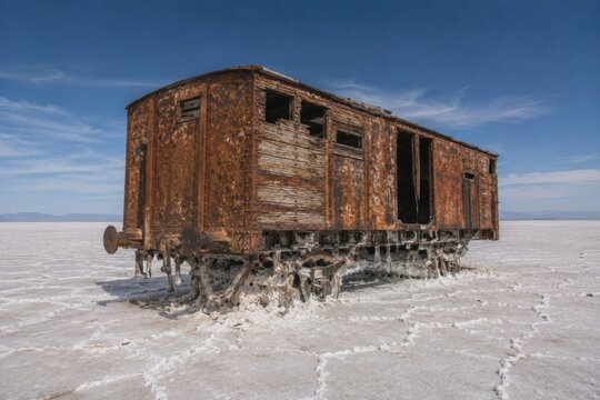 Abandoned wooden train car in desert landscape. Rustic vintage rail wagon isolated on salt flats under clear sky.
