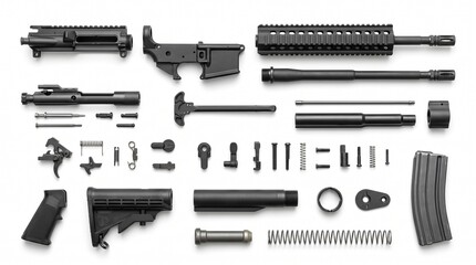 Fototapeta premium Precision-engineered components of a modern sporting firearm laid out for assembly or maintenance, showcasing the intricate parts of a rifle system