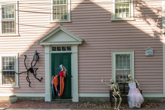 Salem, MA, US-October 9, 2022:  Halloween decorations at a home during theHaunted Happenings event held during the month of October in celebration of the town's history of witch trials and Halloween. 