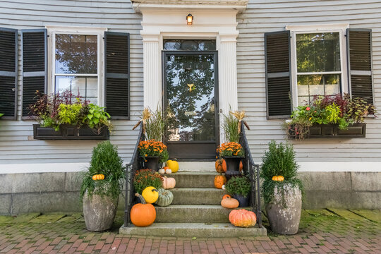 Salem, MA, US-October 14, 2021: Doorway decorated for Halloween at the annual Haunted Happenings event held during the month of October in celebration of the town's history of witch trials.