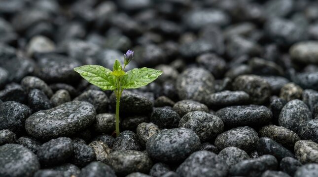A small green plant growing through dark black stones representing hope and resilience for world mental health day in a conceptual and symbolic nature photograph