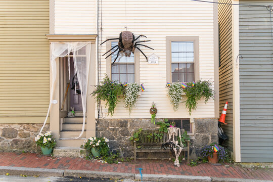 Salem, MA, US-October 9, 2022:  Halloween decorations at a home during theHaunted Happenings event held during the month of October in celebration of the town's history of witch trials and Halloween. 